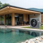 Hochmoderne Wärmepumpe sorgt für eine umweltfreundliche Pool Heizung in einer stilvollen Gartenlandschaft.
