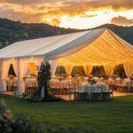 Elegantes Festzelt mit Beleuchtung bei Sonnenuntergang im Garten