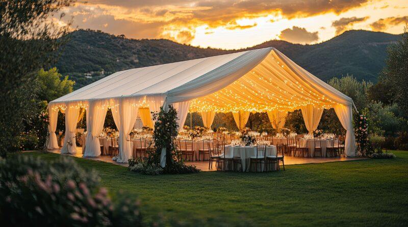 Elegantes Festzelt mit Beleuchtung bei Sonnenuntergang im Garten